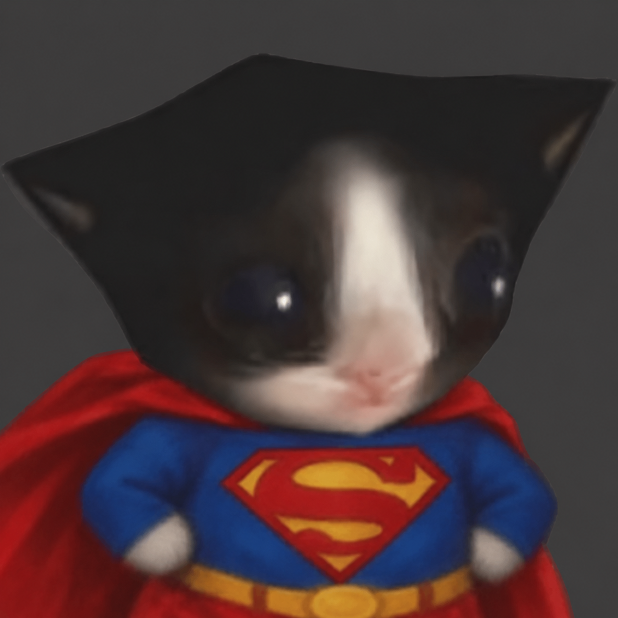 Super Microcat, a tiny black and white kitten in a blue superhero suit and red cape